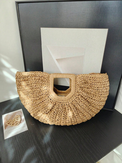 1pc Large Capacity Pleated Semi-Circle Woven Tote Bag, Solid Color, Fashion Straw Handbag For Women, Suitable For Beach, Travel, Daily Shopping, Great Mother's Day Gift, Straw Bag