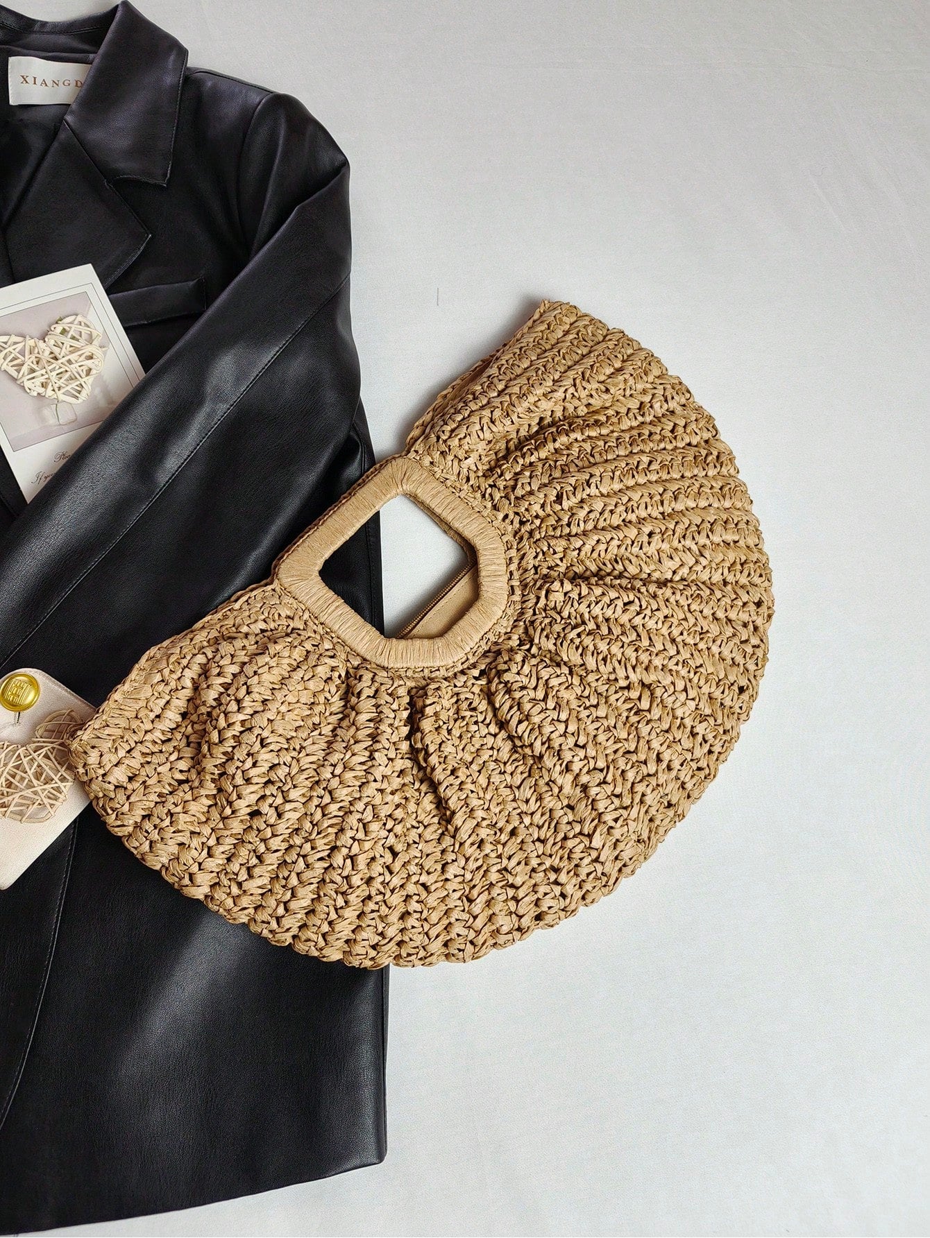 1pc Large Capacity Pleated Semi-Circle Woven Tote Bag, Solid Color, Fashion Straw Handbag For Women, Suitable For Beach, Travel, Daily Shopping, Great Mother's Day Gift, Straw Bag