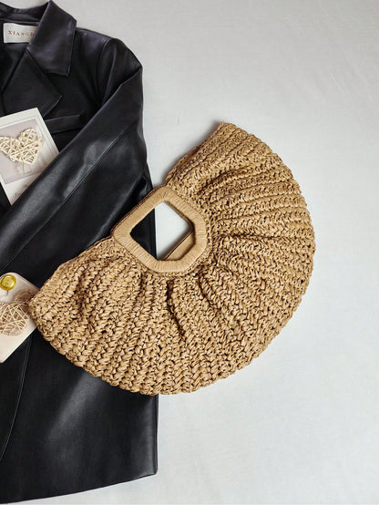 1pc Large Capacity Pleated Semi-Circle Woven Tote Bag, Solid Color, Fashion Straw Handbag For Women, Suitable For Beach, Travel, Daily Shopping, Great Mother's Day Gift, Straw Bag