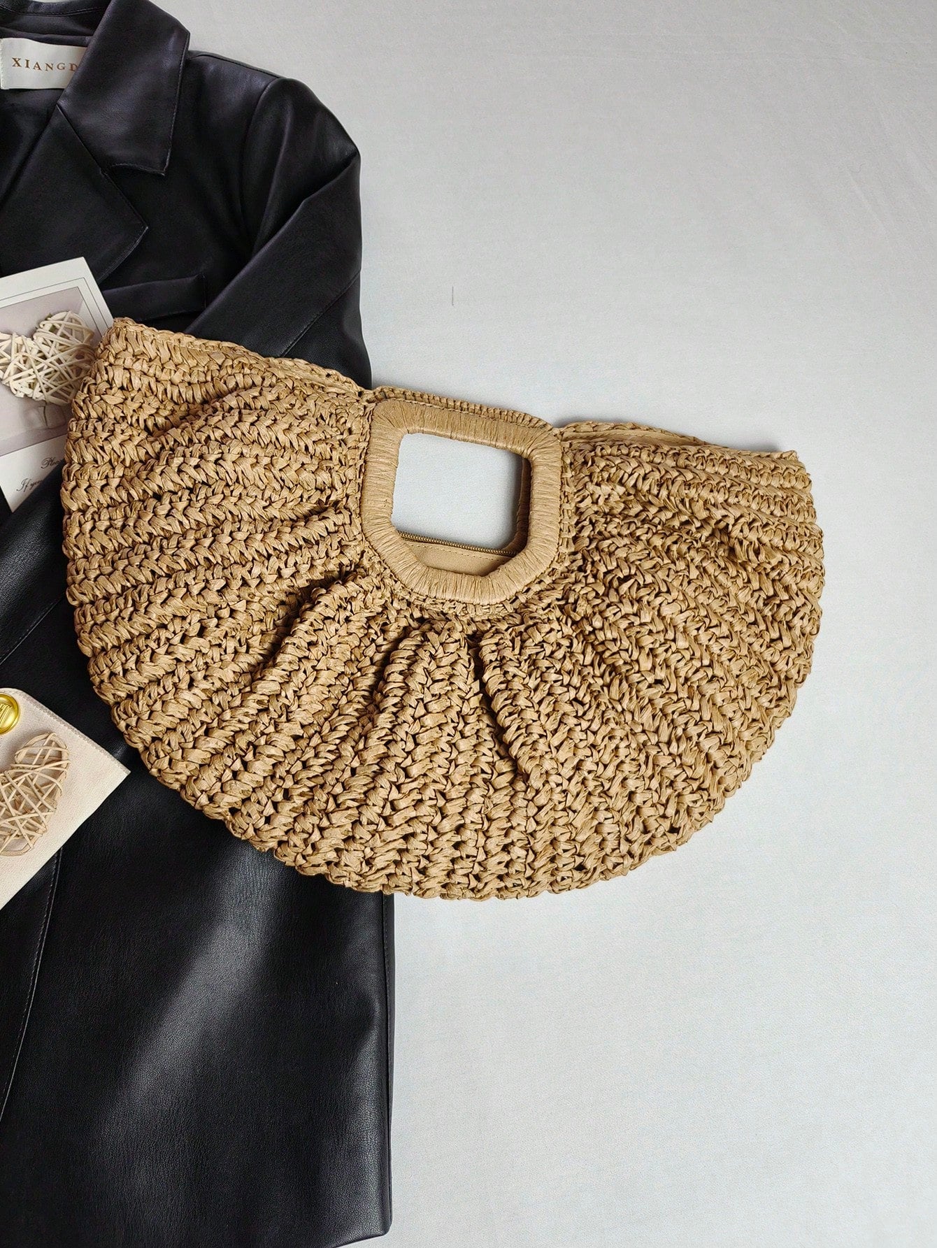 1pc Large Capacity Pleated Semi-Circle Woven Tote Bag, Solid Color, Fashion Straw Handbag For Women, Suitable For Beach, Travel, Daily Shopping, Great Mother's Day Gift, Straw Bag