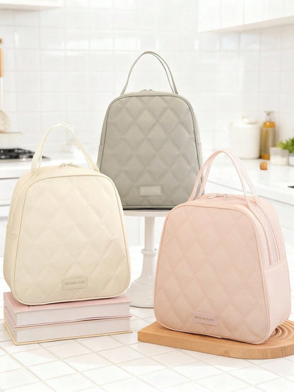 1pc Large Capacity Quilted Insulated Lunch Bag, Women's Portable Insulated Lunch Tote With Handle, Waterproof Leak-Proof Lunch Box Storage Bag, Elegant Work, School, Travel Meal Bag, Fashionable Offic