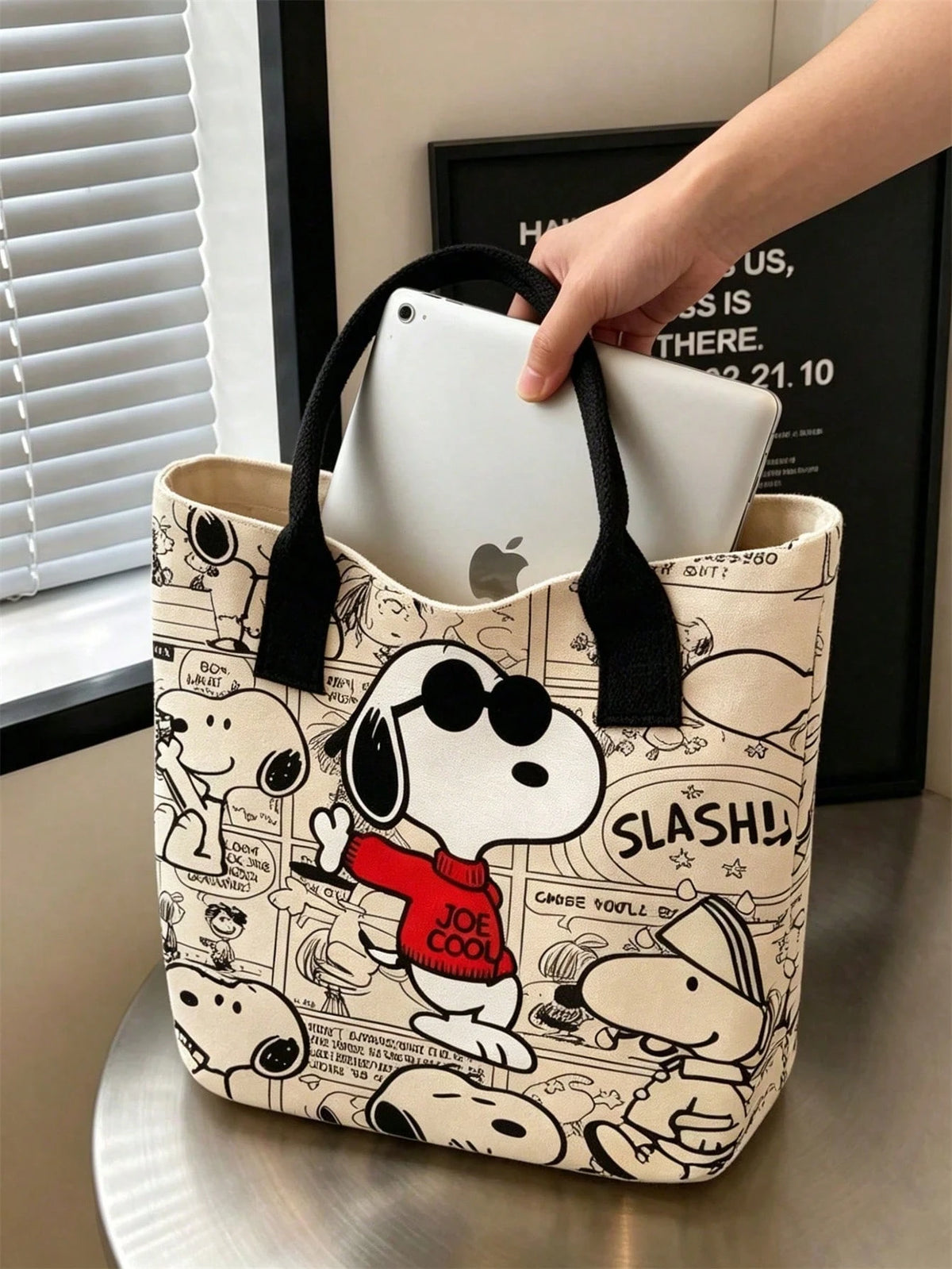 1pc Large Capacity Snoopy Color Block Canvas Shoulder Tote Bag, Casual Style, Durable Strap And Sturdy Fabric, Foldable Lightweight Tote Bag Suitable For Women, Perfect For School, Work, Gym, Beach An