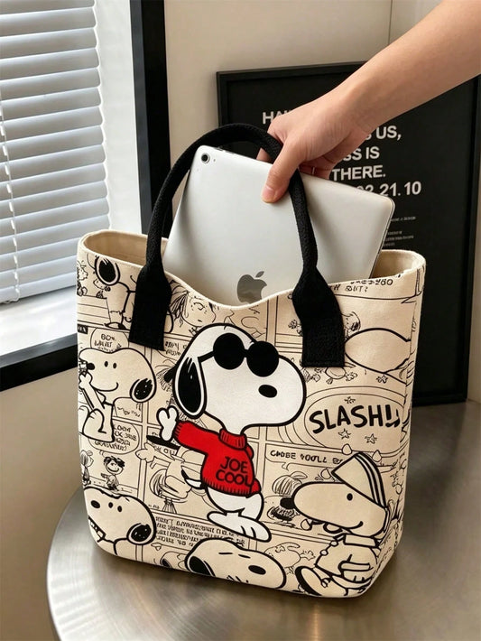 1pc Large Capacity Snoopy Color Block Canvas Shoulder Tote Bag, Casual Style, Durable Strap And Sturdy Fabric, Foldable Lightweight Tote Bag Suitable For Women, Perfect For School, Work, Gym, Beach An
