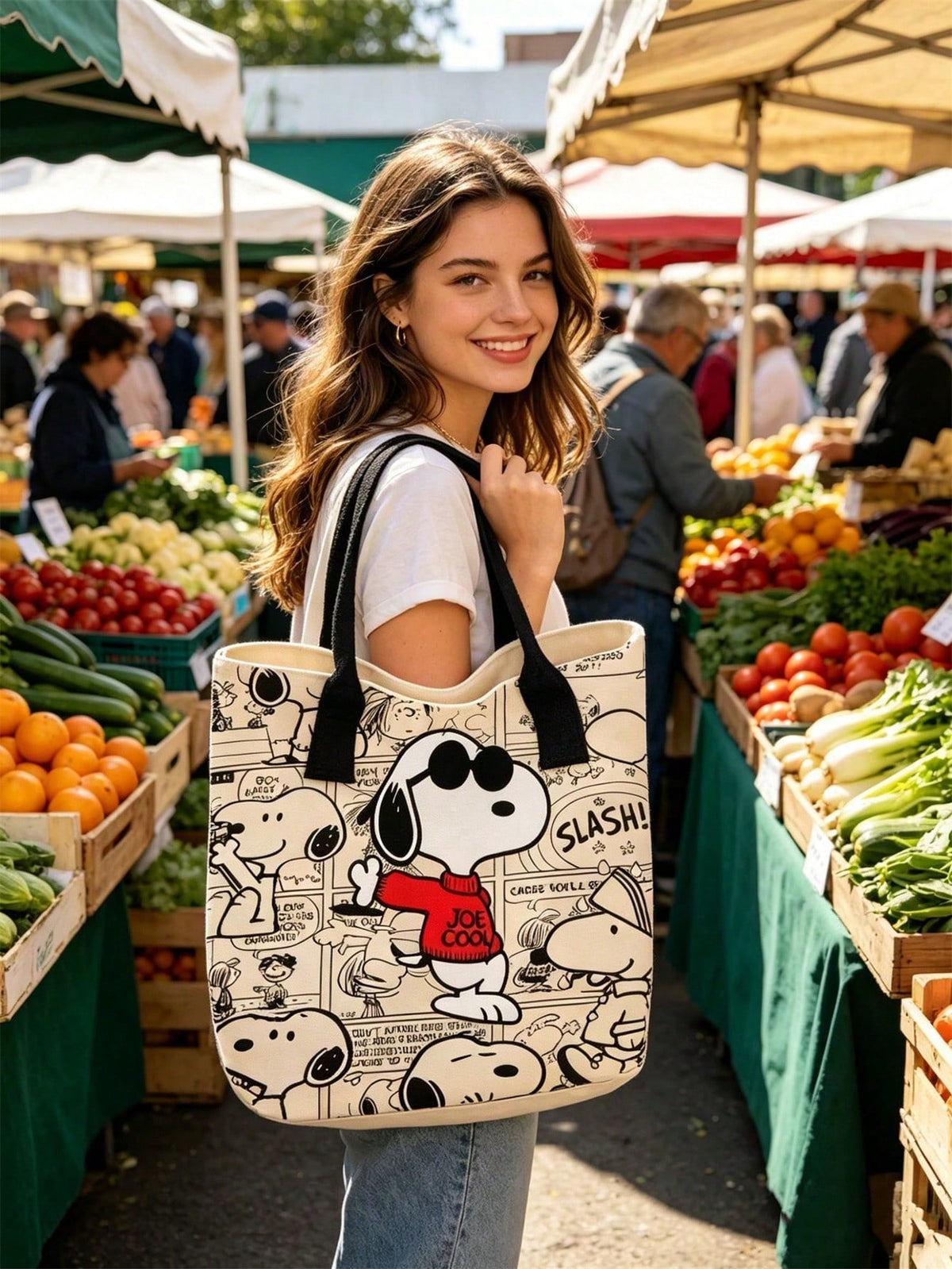 1pc Large Capacity Snoopy Color Block Canvas Shoulder Tote Bag, Casual Style, Durable Strap And Sturdy Fabric, Foldable Lightweight Tote Bag Suitable For Women, Perfect For School, Work, Gym, Beach An