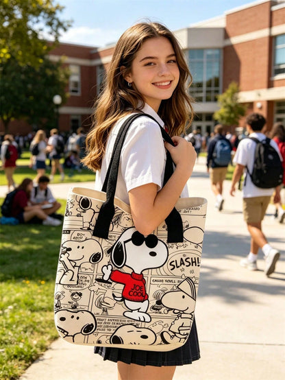 1pc Large Capacity Snoopy Color Block Canvas Shoulder Tote Bag, Casual Style, Durable Strap And Sturdy Fabric, Foldable Lightweight Tote Bag Suitable For Women, Perfect For School, Work, Gym, Beach An