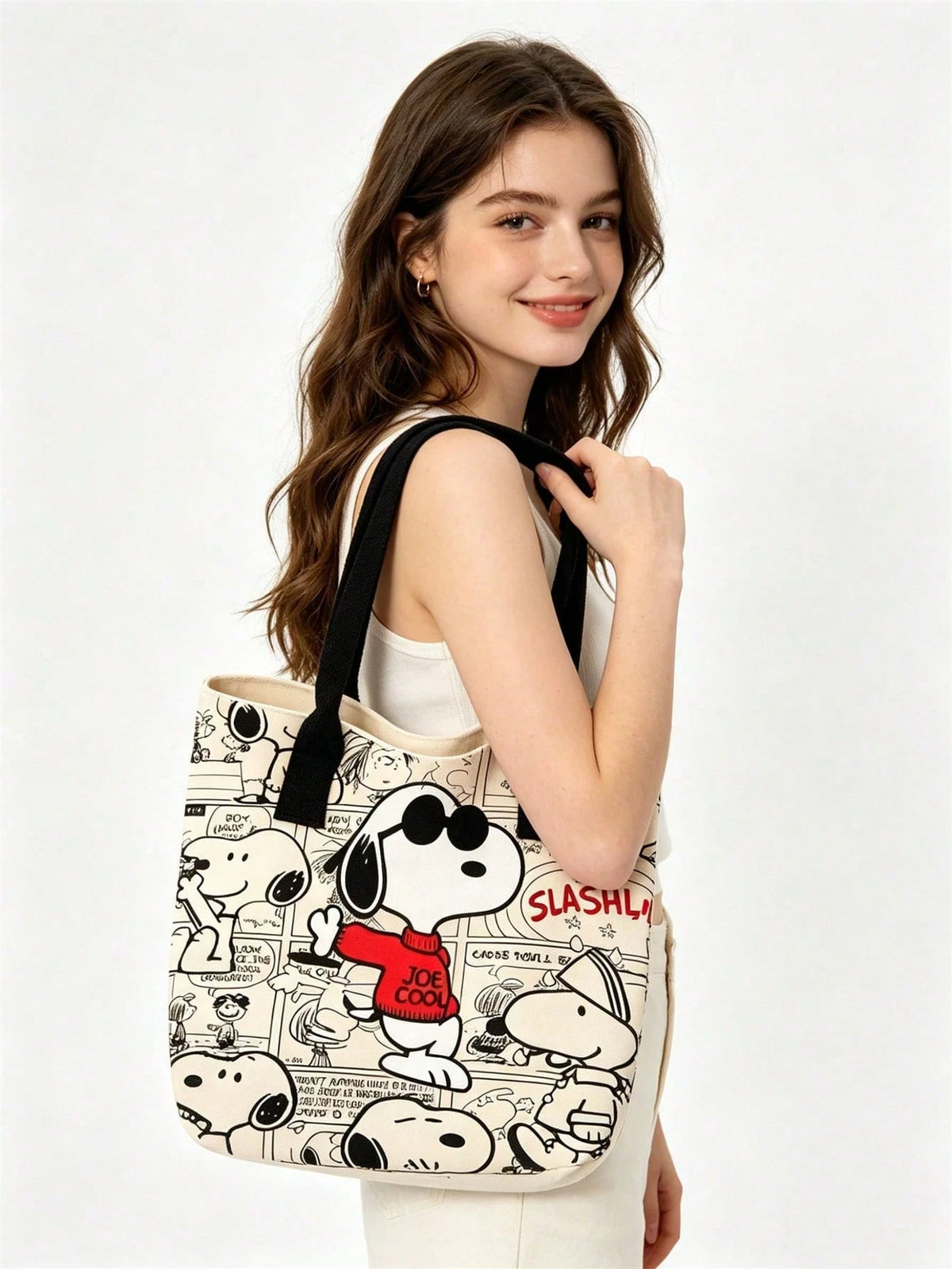 1pc Large Capacity Snoopy Color Block Canvas Shoulder Tote Bag, Casual Style, Durable Strap And Sturdy Fabric, Foldable Lightweight Tote Bag Suitable For Women, Perfect For School, Work, Gym, Beach An