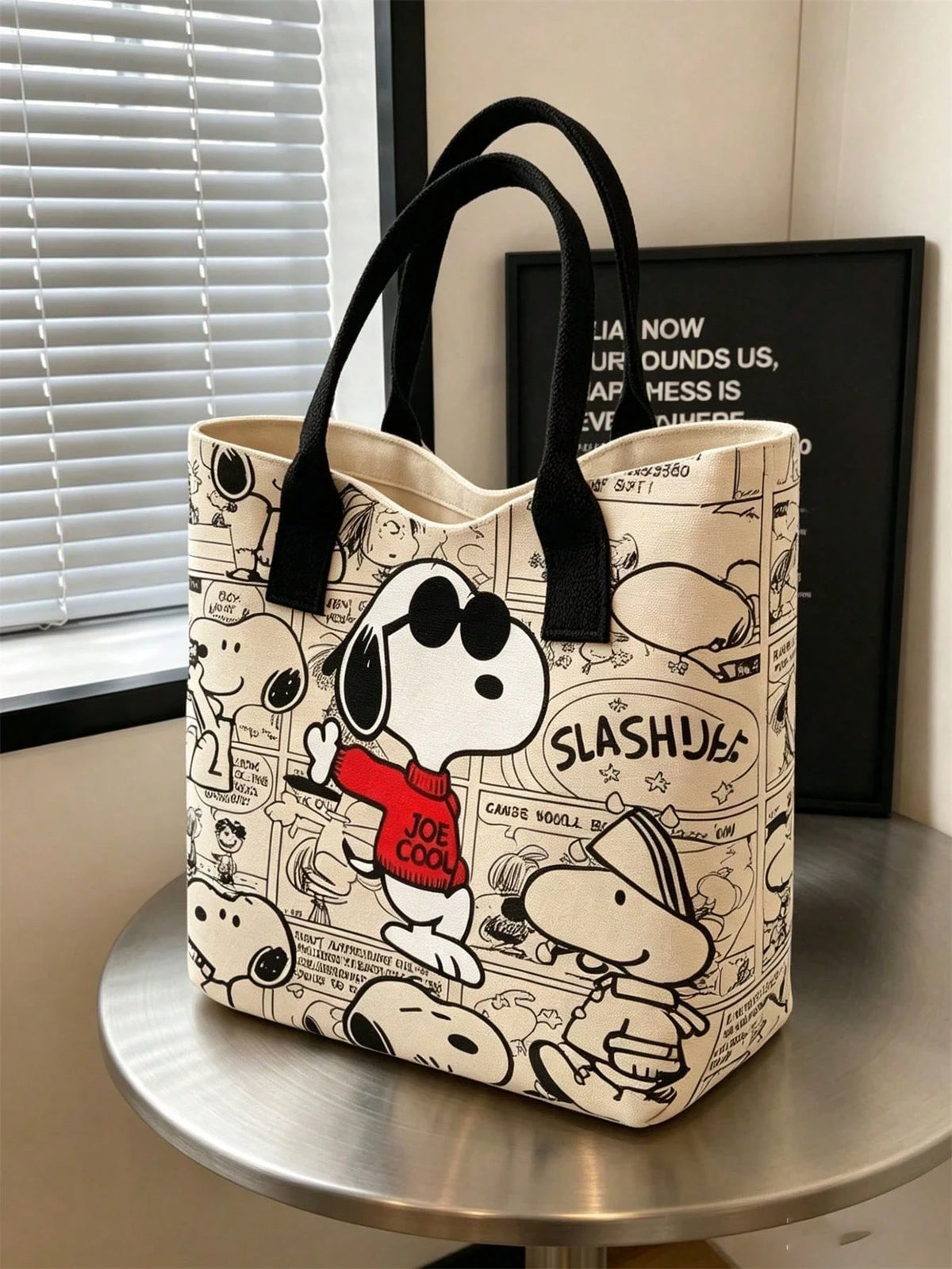 1pc Large Capacity Snoopy Color Block Canvas Shoulder Tote Bag, Casual Style, Durable Strap And Sturdy Fabric, Foldable Lightweight Tote Bag Suitable For Women, Perfect For School, Work, Gym, Beach An