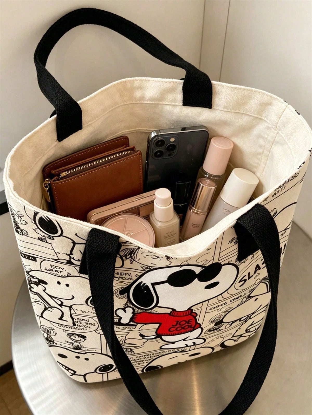 1pc Large Capacity Snoopy Color Block Canvas Shoulder Tote Bag, Casual Style, Durable Strap And Sturdy Fabric, Foldable Lightweight Tote Bag Suitable For Women, Perfect For School, Work, Gym, Beach An