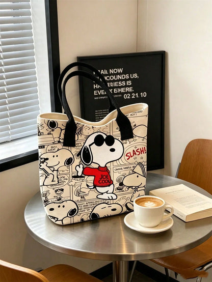 1pc Large Capacity Snoopy Color Block Canvas Shoulder Tote Bag, Casual Style, Durable Strap And Sturdy Fabric, Foldable Lightweight Tote Bag Suitable For Women, Perfect For School, Work, Gym, Beach An