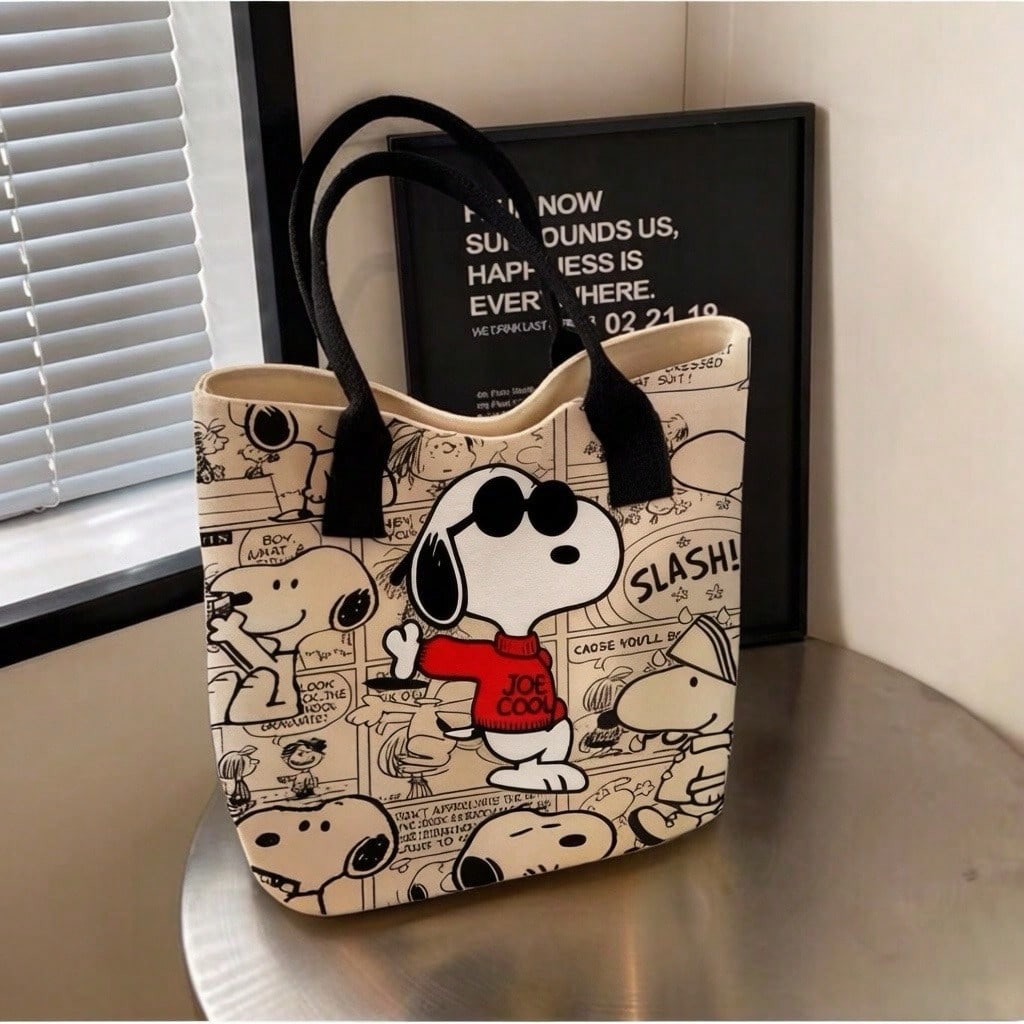 1pc Large Capacity Snoopy Color Block Canvas Shoulder Tote Bag, Casual Style, Durable Strap And Sturdy Fabric, Foldable Lightweight Tote Bag Suitable For Women, Perfect For School, Work, Gym, Beach An