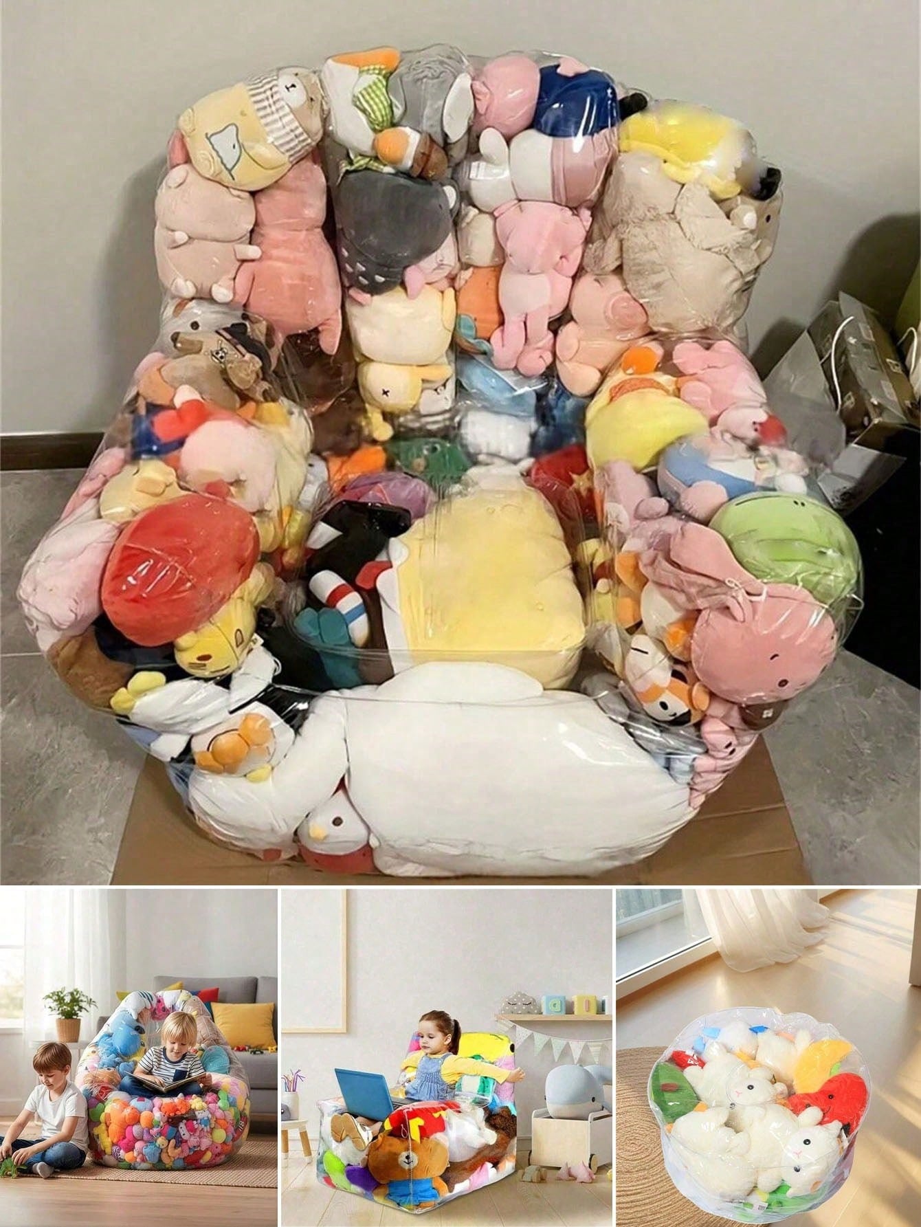 1pc Large Capacity Transparent Plastic Doll Storage Sofa With Soft Cushion Seat, Multi-Functional Stool Space-Saving For Baby Room, Bedroom, Living Room And Holiday Gift, Home Decor, Doll Storage