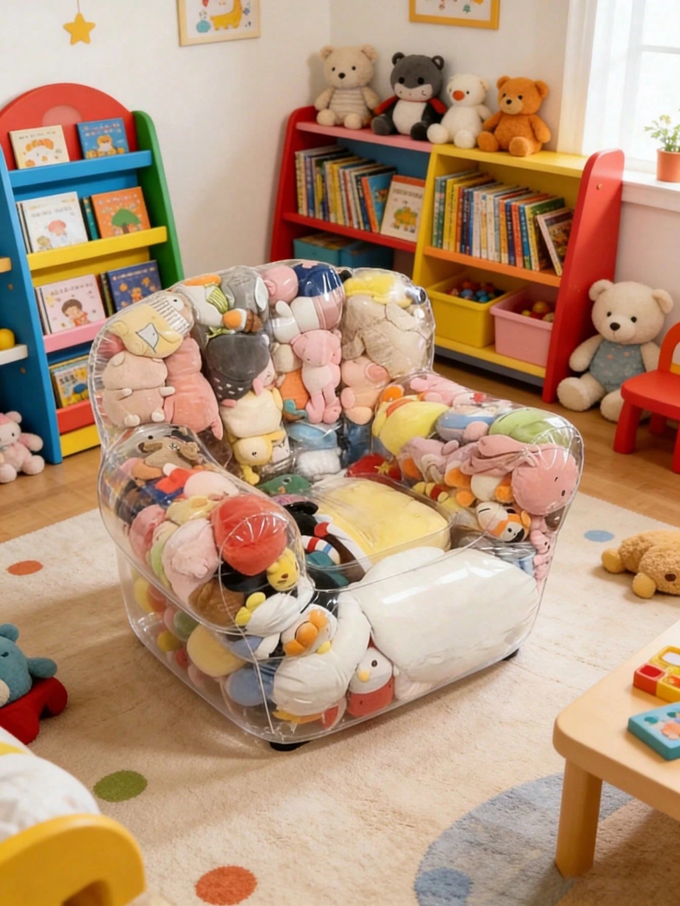 1pc Large Capacity Transparent Plastic Doll Storage Sofa With Soft Cushion Seat, Multi-Functional Stool Space-Saving For Baby Room, Bedroom, Living Room And Holiday Gift, Home Decor, Doll Storage