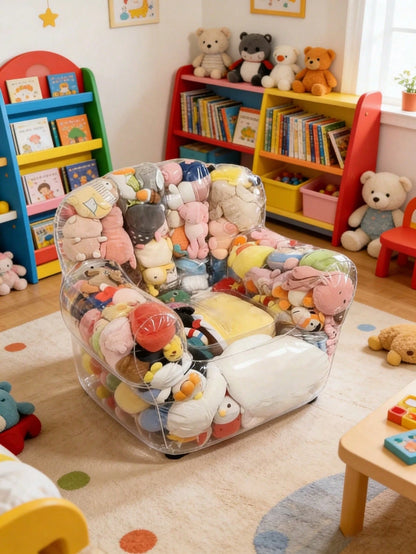 1pc Large Capacity Transparent Plastic Doll Storage Sofa With Soft Cushion Seat, Multi-Functional Stool Space-Saving For Baby Room, Bedroom, Living Room And Holiday Gift, Home Decor, Doll Storage