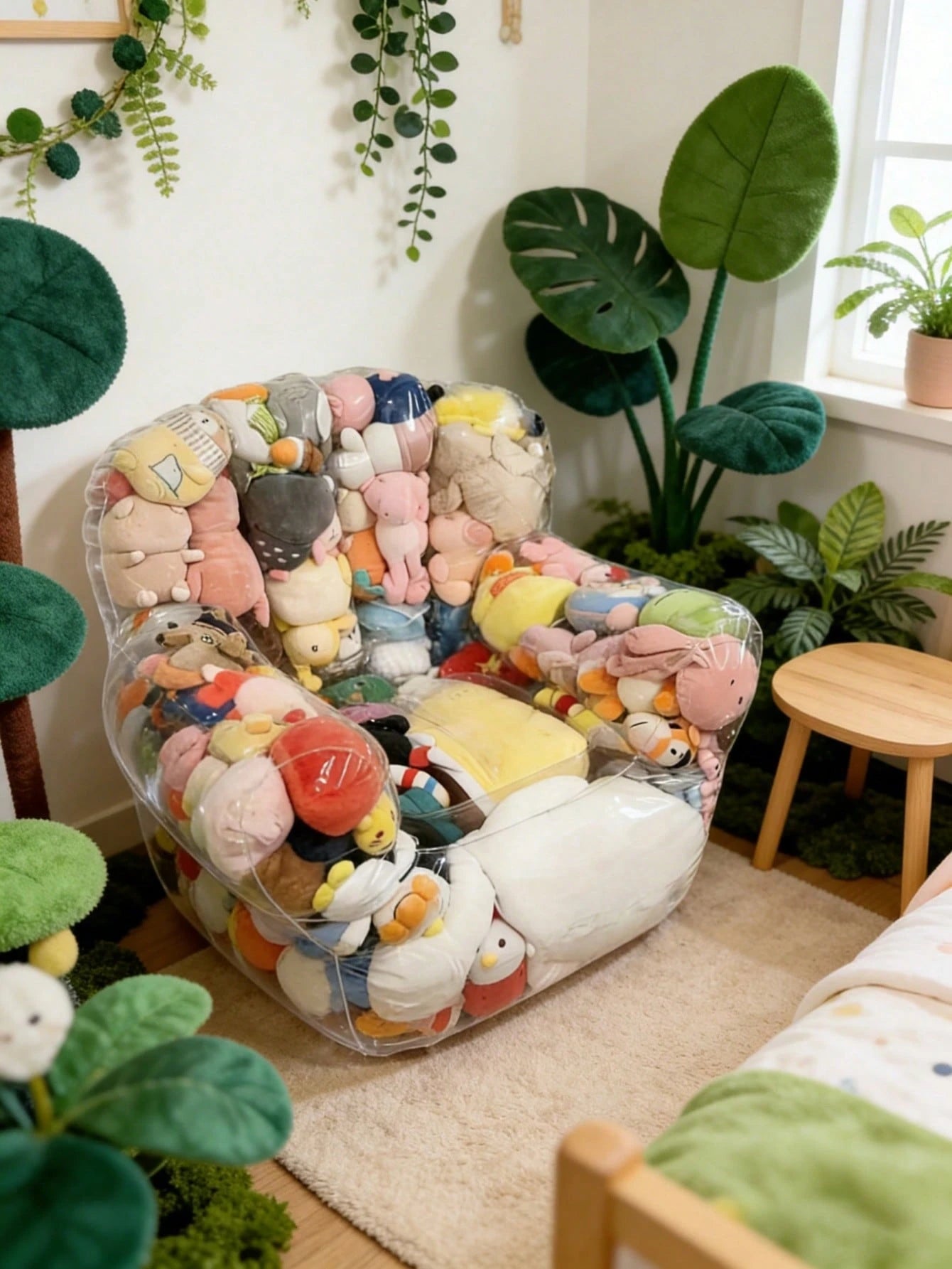 1pc Large Capacity Transparent Plastic Doll Storage Sofa With Soft Cushion Seat, Multi-Functional Stool Space-Saving For Baby Room, Bedroom, Living Room And Holiday Gift, Home Decor, Doll Storage