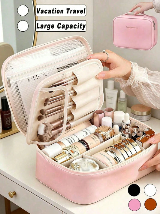 1pc Large Capacity Travel Makeup Bag, Women's Makeup Brush Storage Pouch, Waterproof PU Bathroom Toiletry Organizer, Suitable For Storing Skincare, Lipstick, Eyebrow Pencil, Perfume, Powder Puff, Esse