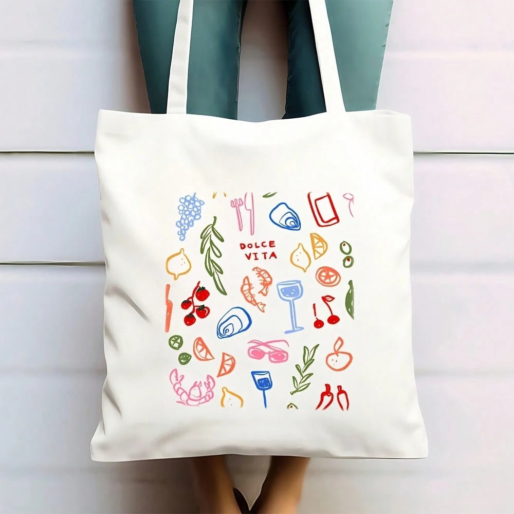 1pc Large Food & Wine Themed Canvas Tote Bag- Durable Polyester Grocery Bag With Sturdy Handles, 9.8x11.8in, Playful Illustration Of Wine, Cheese, Fruits & Vegetables, Perfect For Shopping, Beach