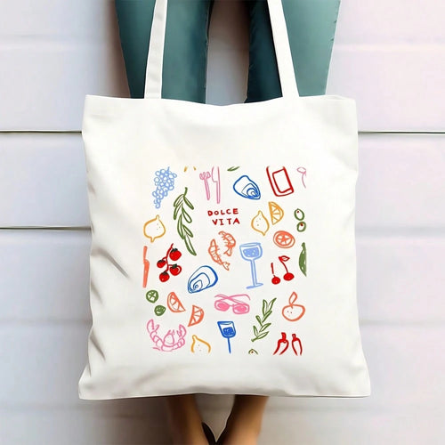 1pc Large Food & Wine Themed Canvas Tote Bag- Durable Polyester Grocery Bag With Sturdy Handles, 9.8x11.8in, Playful Illustration Of Wine, Cheese, Fruits & Vegetables, Perfect For Shopping, Beach