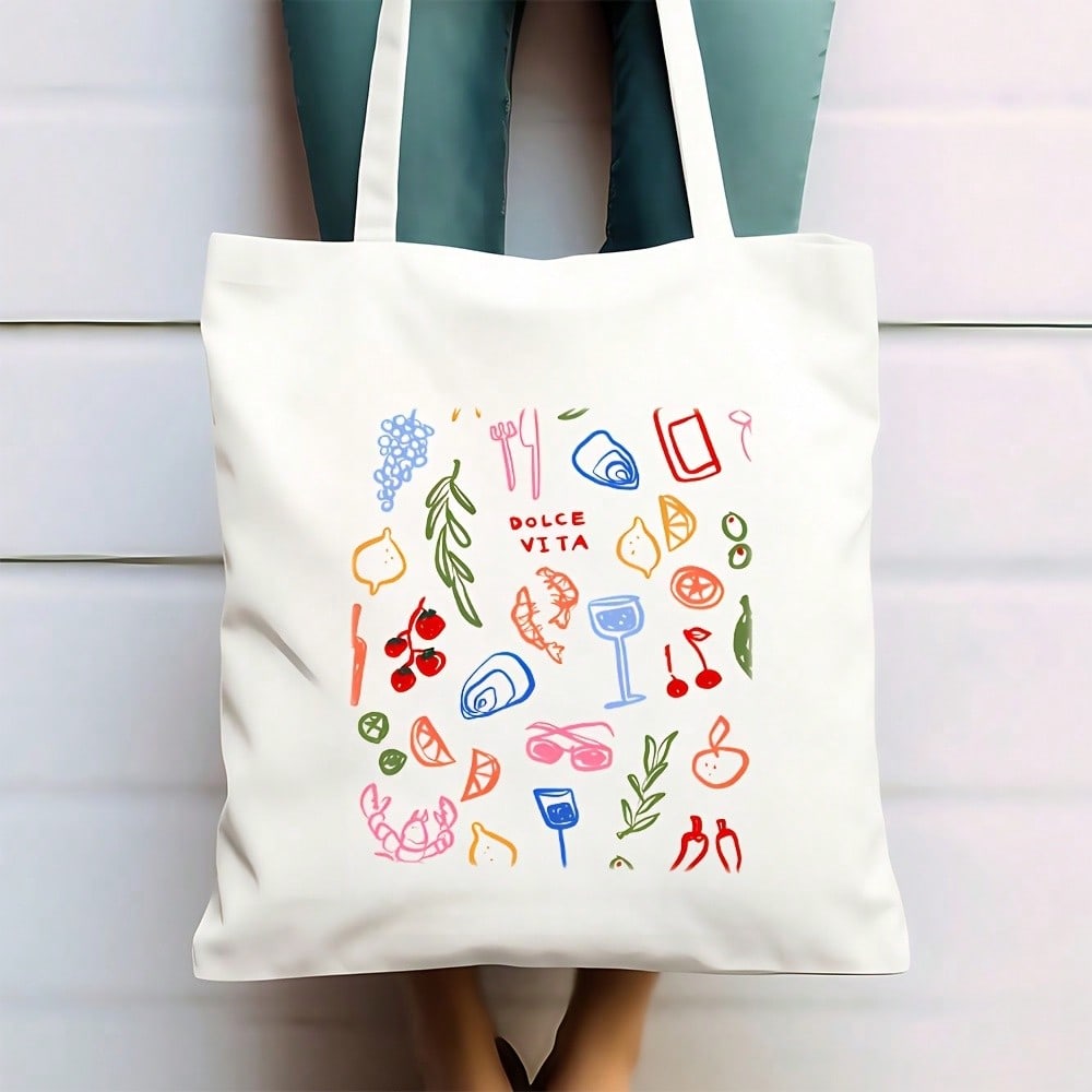 1pc Large Food & Wine Themed Canvas Tote Bag- Durable Polyester Grocery Bag With Sturdy Handles, 9.8x11.8in, Playful Illustration Of Wine, Cheese, Fruits & Vegetables, Perfect For Shopping, Beach