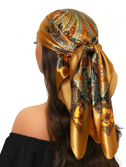 1pc Luxurious Sunscreen Scarf, Fashionable 90cm*90cm Square Neck Scarf, Printed Shawls & Wraps For Women, Suitable For All Seasons For Dress