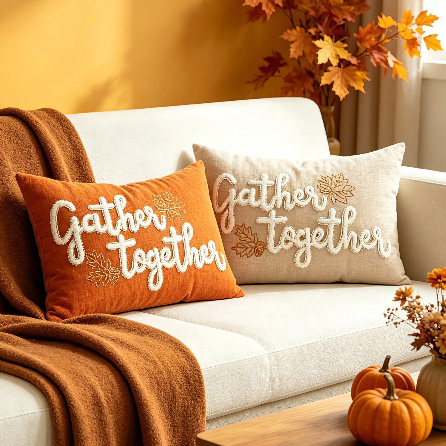 1pc Maple Leaf Embroidered Thanksgiving & Halloween Pillowcase, Decorative Autumn Harvest Pumpkin Pillow Cover