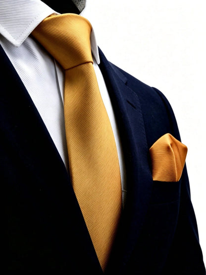 1pc Men's 8cm Gold Ribbed Tie & Pocket Square Set, Wedding Party Groom Tie Set