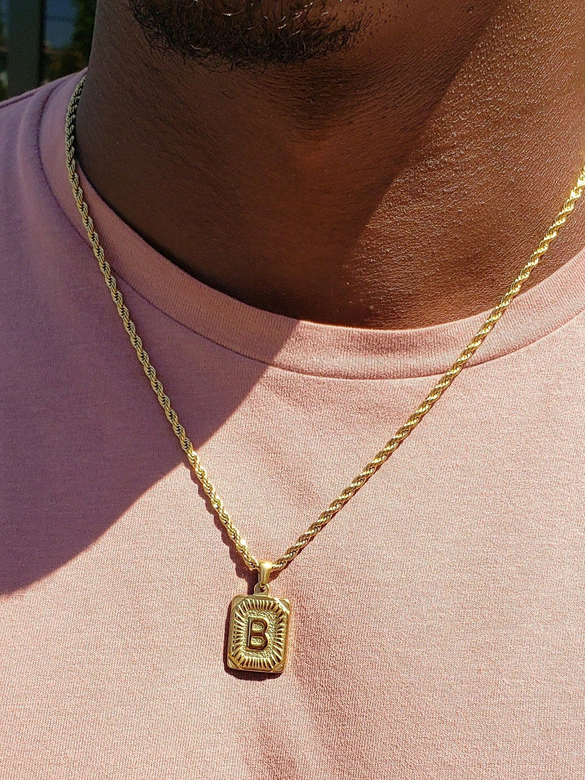 1pc Men's Stainless Steel Gold Chain Necklace With Square Letter Pendant, A-Z Letter Jewelry