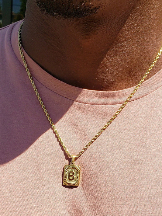 1pc Men's Stainless Steel Gold Chain Necklace With Square Letter Pendant, A-Z Letter Jewelry