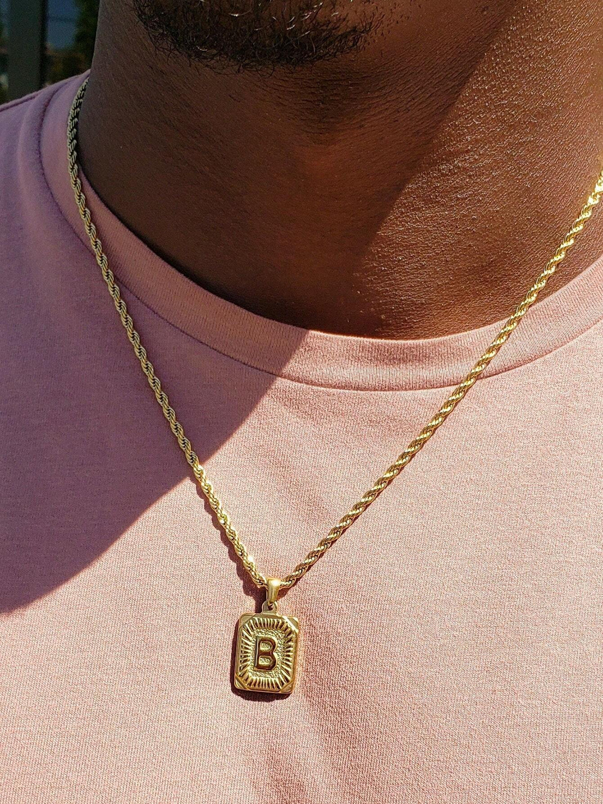 1pc Men's Stainless Steel Gold Chain Necklace With Square Letter Pendant, A-Z Letter Jewelry