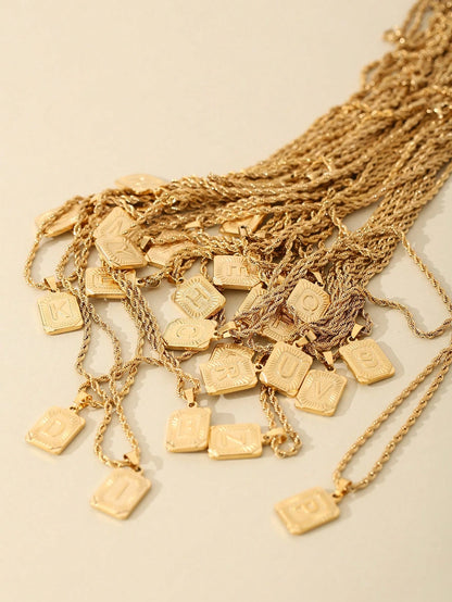 1pc Men's Stainless Steel Gold Chain Necklace With Square Letter Pendant, A-Z Letter Jewelry