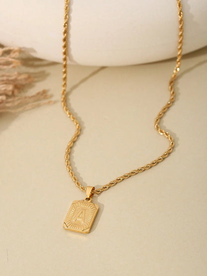 1pc Men's Stainless Steel Gold Chain Necklace With Square Letter Pendant, A-Z Letter Jewelry