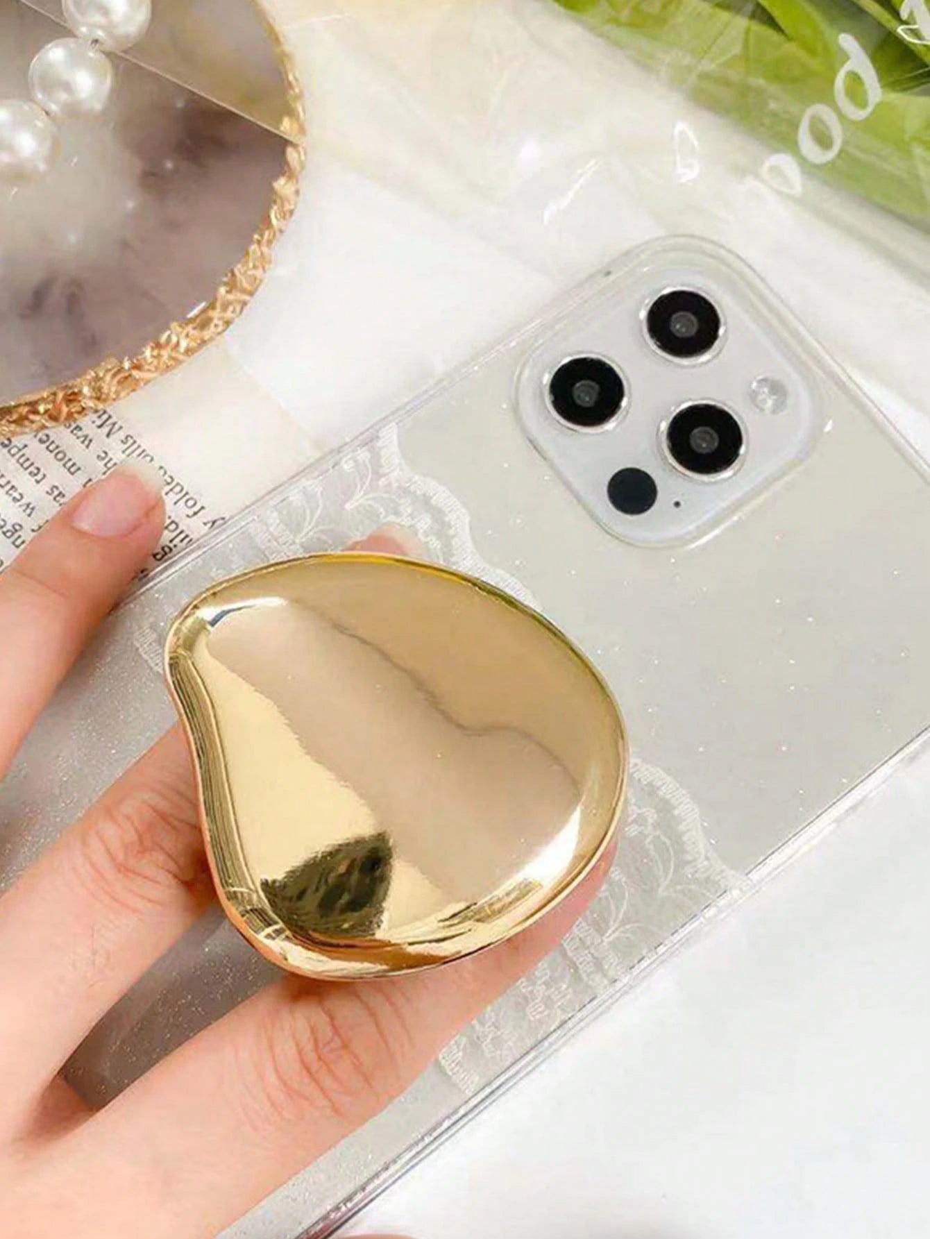 1pc Metal Electroplated Mirror Finish Phone Stand, Adhesive Adjustable Sliding Holder, Asymmetric Design Stand, Desktop TV Viewing Accessory
