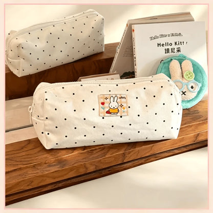 1PC Miffy Polka Dot Canvas Clutch Pouch, Cute Stationery/Makeup/Sundries Storage Bag, Perfect Gift For Birthday, Valentine's Day, Back To School(No Pendant)