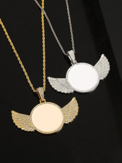 1pc Minimalist Metal Angel Wing Pendant Necklace, Suitable For Men's Daily Wear, Photo DIY Memorial Gift
