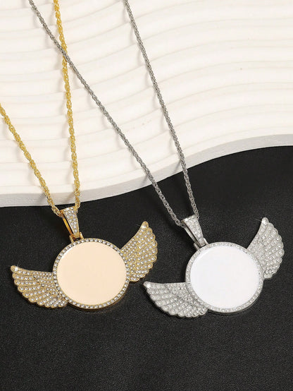 1pc Minimalist Metal Angel Wing Pendant Necklace, Suitable For Men's Daily Wear, Photo DIY Memorial Gift