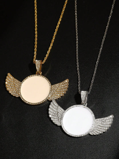 1pc Minimalist Metal Angel Wing Pendant Necklace, Suitable For Men's Daily Wear, Photo DIY Memorial Gift