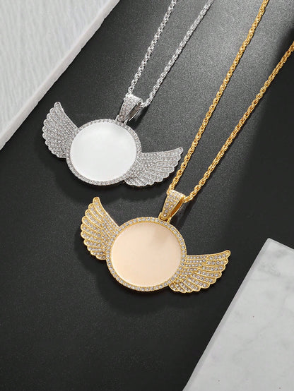 1pc Minimalist Metal Angel Wing Pendant Necklace, Suitable For Men's Daily Wear, Photo DIY Memorial Gift