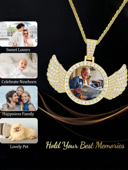 1pc Minimalist Metal Angel Wing Pendant Necklace, Suitable For Men's Daily Wear, Photo DIY Memorial Gift