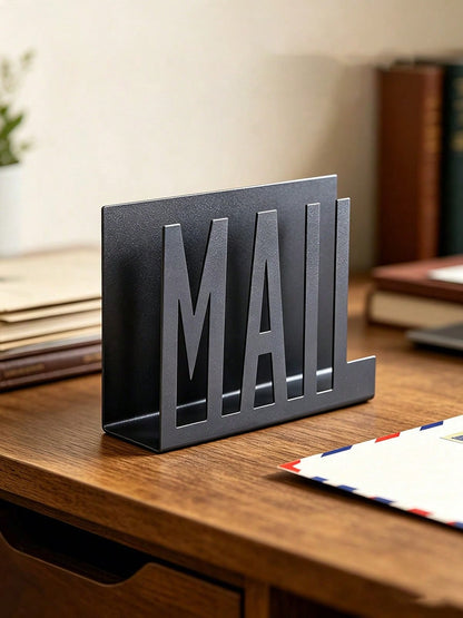 1pc Modern Black Metal Mail Organizer- Hollow Letter Design, Desktop File & Envelope Holder, Home Or Office Decor