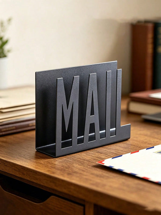 1pc Modern Black Metal Mail Organizer- Hollow Letter Design, Desktop File & Envelope Holder, Home Or Office Decor