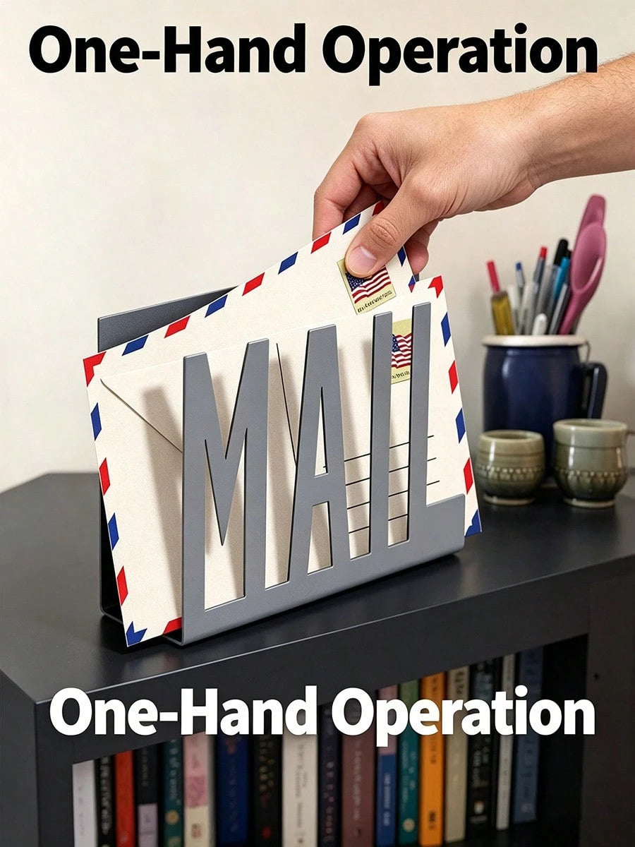 1pc Modern Black Metal Mail Organizer- Hollow Letter Design, Desktop File & Envelope Holder, Home Or Office Decor