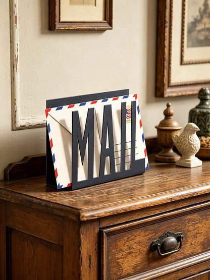 1pc Modern Black Metal Mail Organizer- Hollow Letter Design, Desktop File & Envelope Holder, Home Or Office Decor