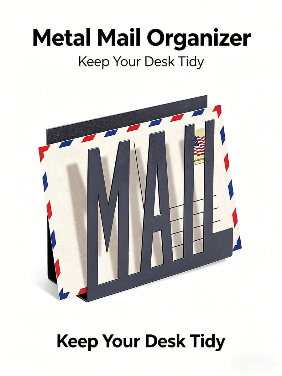 1pc Modern Black Metal Mail Organizer- Hollow Letter Design, Desktop File & Envelope Holder, Home Or Office Decor