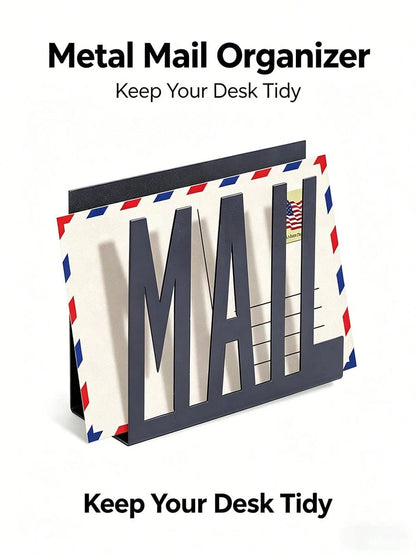 1pc Modern Black Metal Mail Organizer- Hollow Letter Design, Desktop File & Envelope Holder, Home Or Office Decor