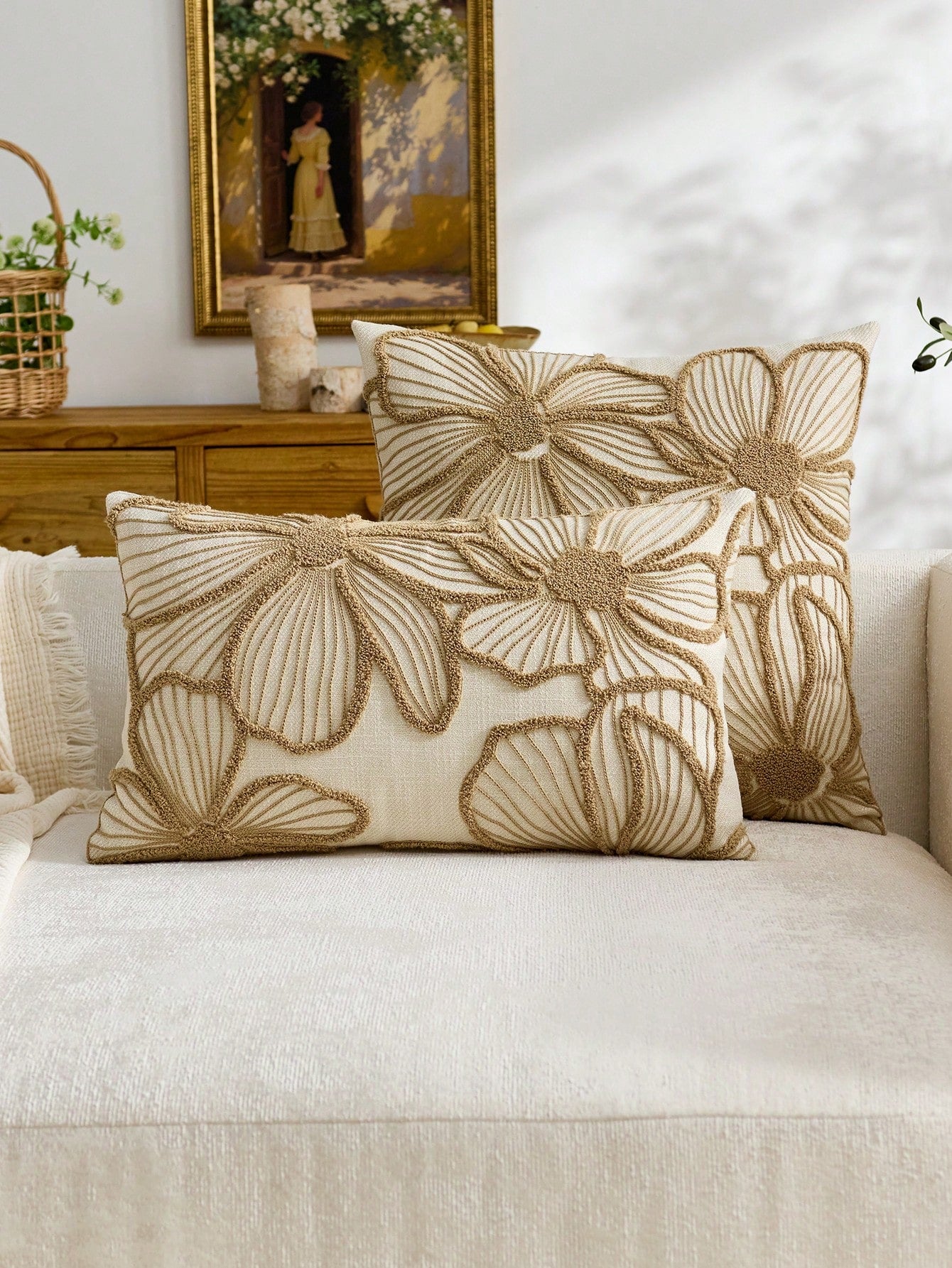 1pc Modern Minimalist Beige Floral Embroidered Throw Pillow Cover, Spring/Summer Floral Cushion Cover, Suitable For Indoor Decor, All Season Pillow Cover, Pillow Insert Not Included
