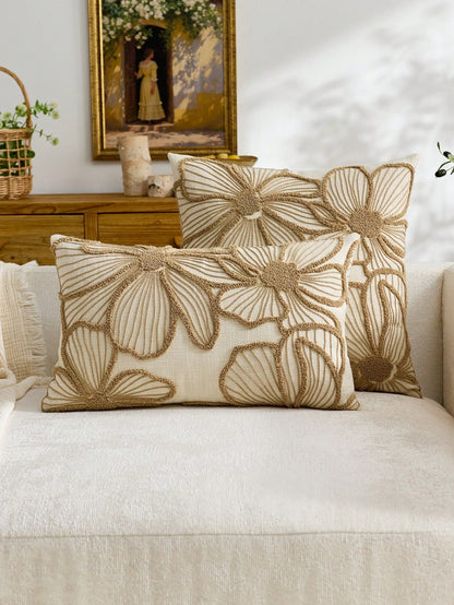 1pc Modern Minimalist Beige Floral Embroidered Throw Pillow Cover, Spring/Summer Floral Cushion Cover, Suitable For Indoor Decor, All Season Pillow Cover, Pillow Insert Not Included