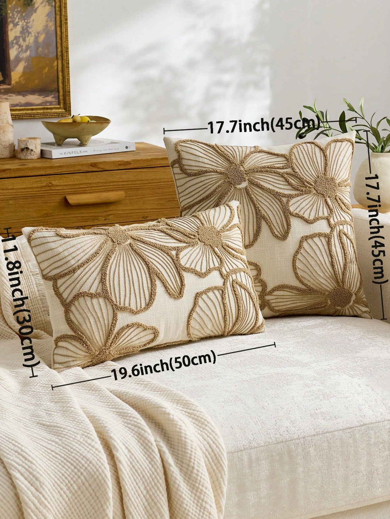 1pc Modern Minimalist Beige Floral Embroidered Throw Pillow Cover, Spring/Summer Floral Cushion Cover, Suitable For Indoor Decor, All Season Pillow Cover, Pillow Insert Not Included