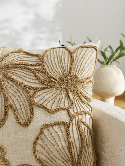 1pc Modern Minimalist Beige Floral Embroidered Throw Pillow Cover, Spring/Summer Floral Cushion Cover, Suitable For Indoor Decor, All Season Pillow Cover, Pillow Insert Not Included