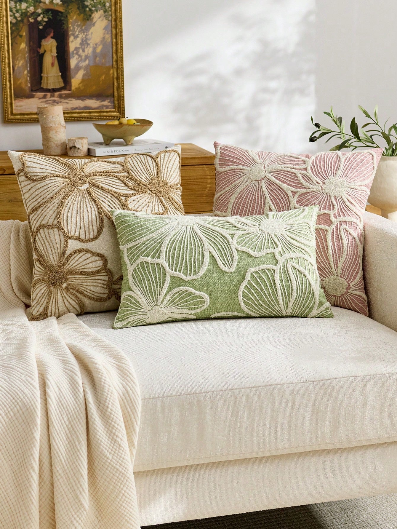 1pc Modern Minimalist Beige Floral Embroidered Throw Pillow Cover, Spring/Summer Floral Cushion Cover, Suitable For Indoor Decor, All Season Pillow Cover, Pillow Insert Not Included