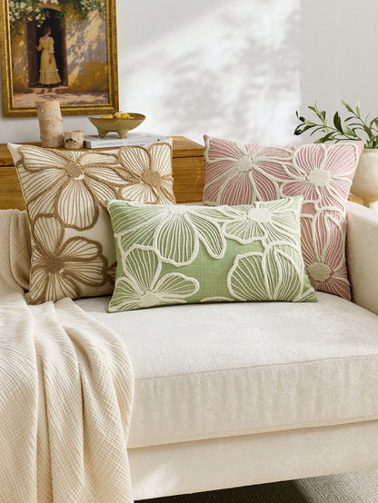 1pc Modern Minimalist Beige Floral Embroidered Throw Pillow Cover, Spring/Summer Floral Cushion Cover, Suitable For Indoor Decor, All Season Pillow Cover, Pillow Insert Not Included