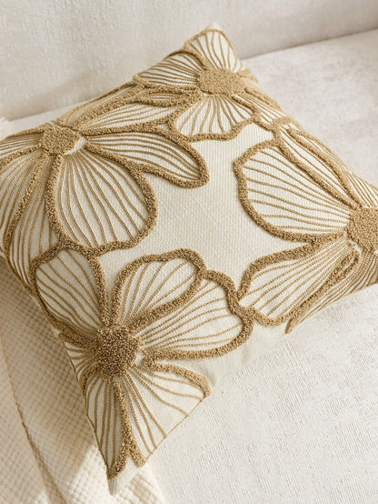 1pc Modern Minimalist Beige Floral Embroidered Throw Pillow Cover, Spring/Summer Floral Cushion Cover, Suitable For Indoor Decor, All Season Pillow Cover, Pillow Insert Not Included